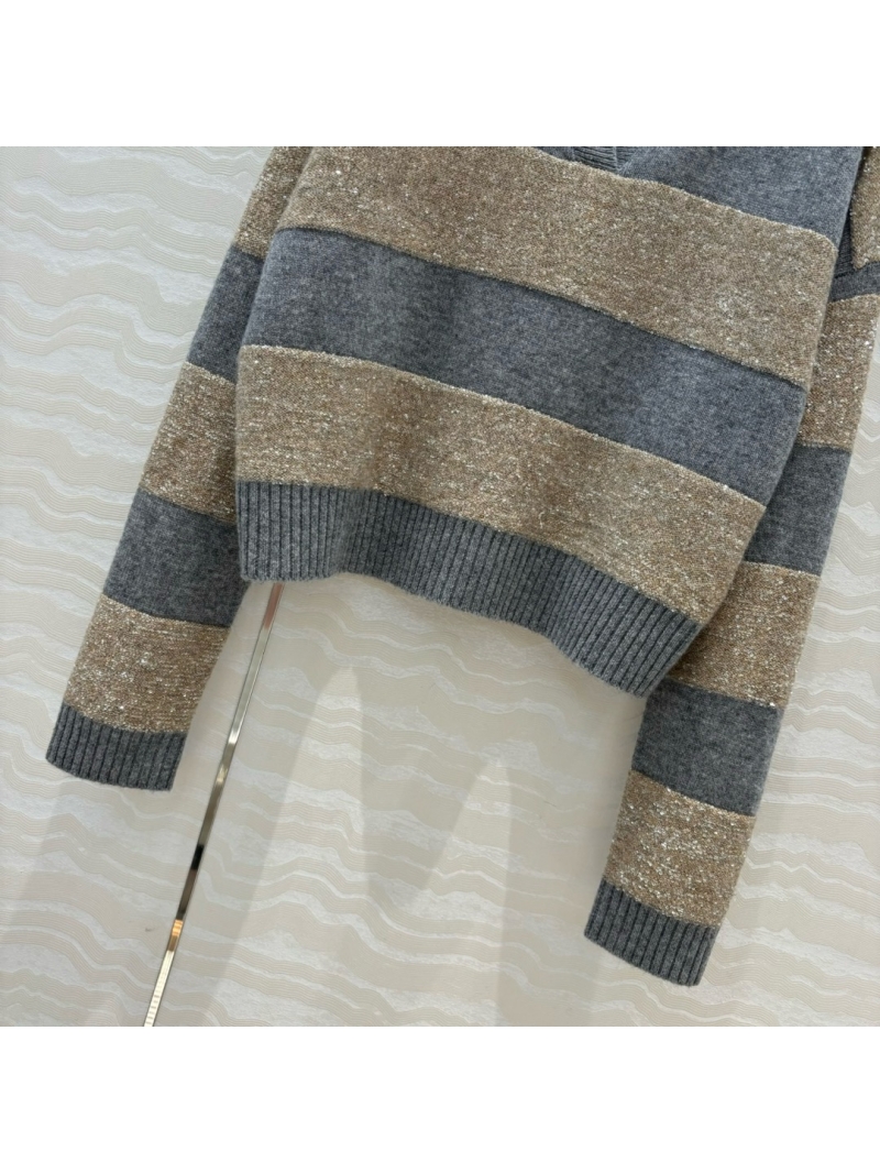 Brunello Cucinelli Metallic Striped Cashmere Polo Sweater