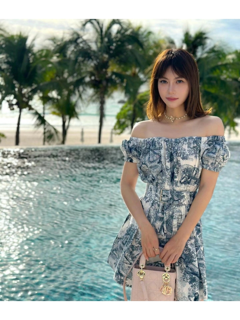 Dior Chez Moi Elegant Off-Shoulder Toile de Jouy Dress