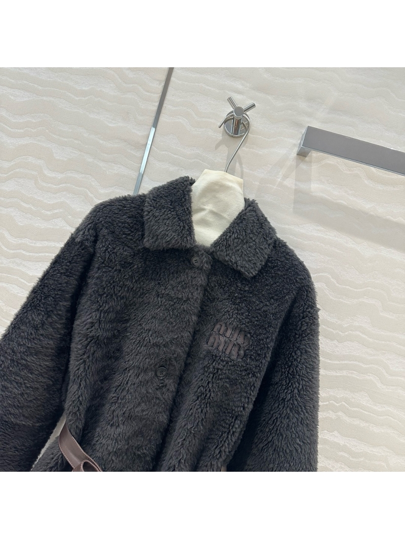 Miu Miu Luxe Shearling Jacket with Leather Belt Black