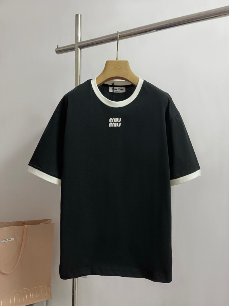 Miu Miu Unisex Logo Embroidered Ringer T-Shirt Black