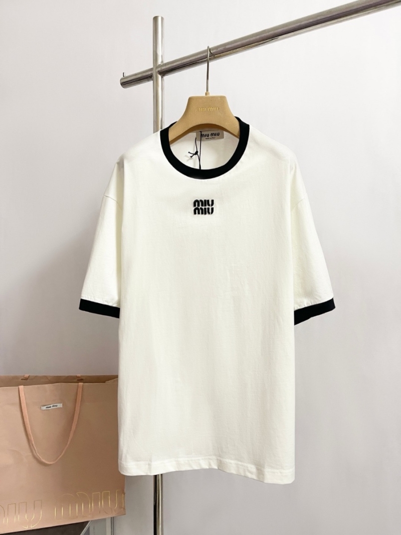 Miu Miu Unisex Logo Embroidered Ringer T-Shirt White