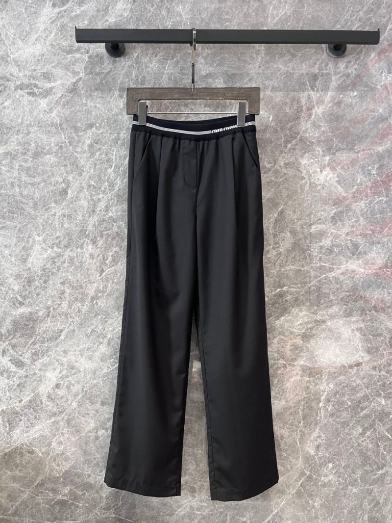 Miu Miu 24 FW Early Autumn Monogram Waistband High-Waist Wool Wide-Leg Pants