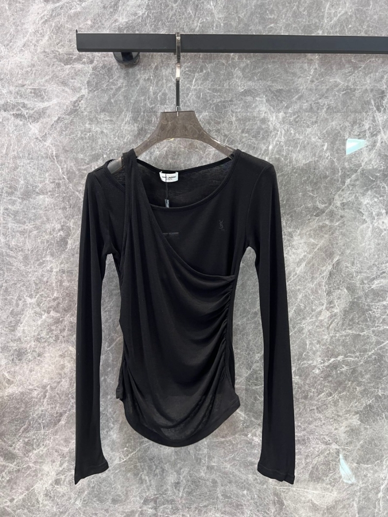 Saint Laurent YSL 24 FW Asymmetrical Ruched Waist Long Sleeve Top - Black