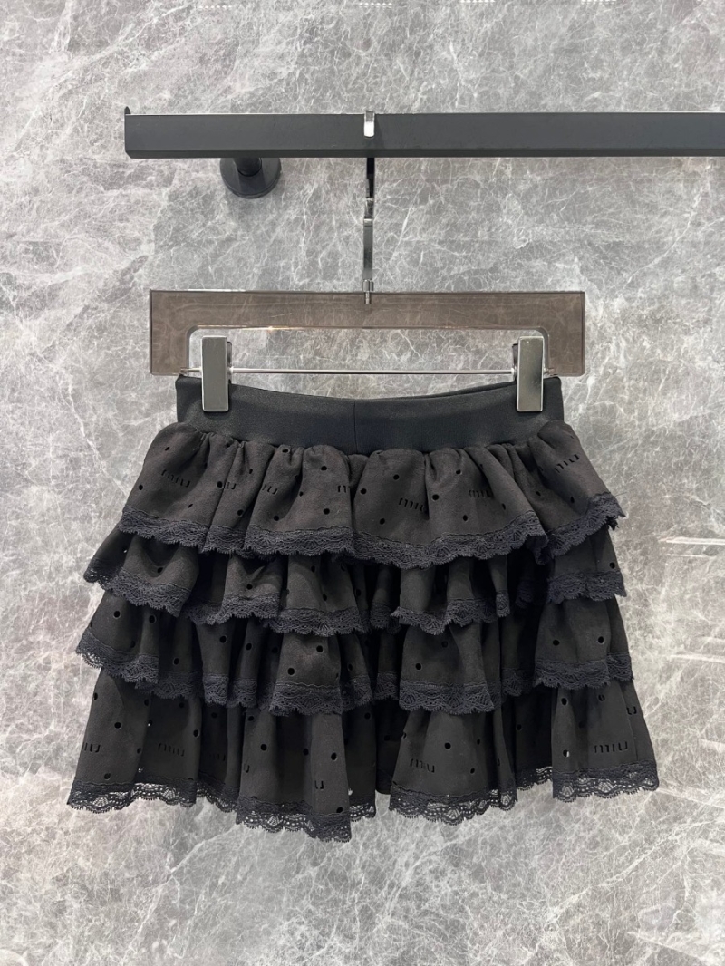 Miu Miu 24 FW Early Autumn Lace Trim Layered Ruffle Skirt - Black