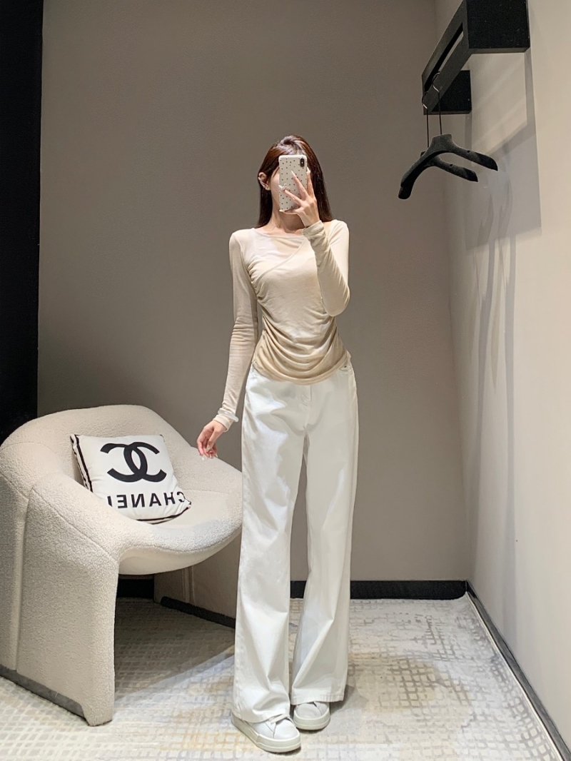 Saint Laurent YSL 24 FW Asymmetrical Ruched Waist Long Sleeve Top - Beige