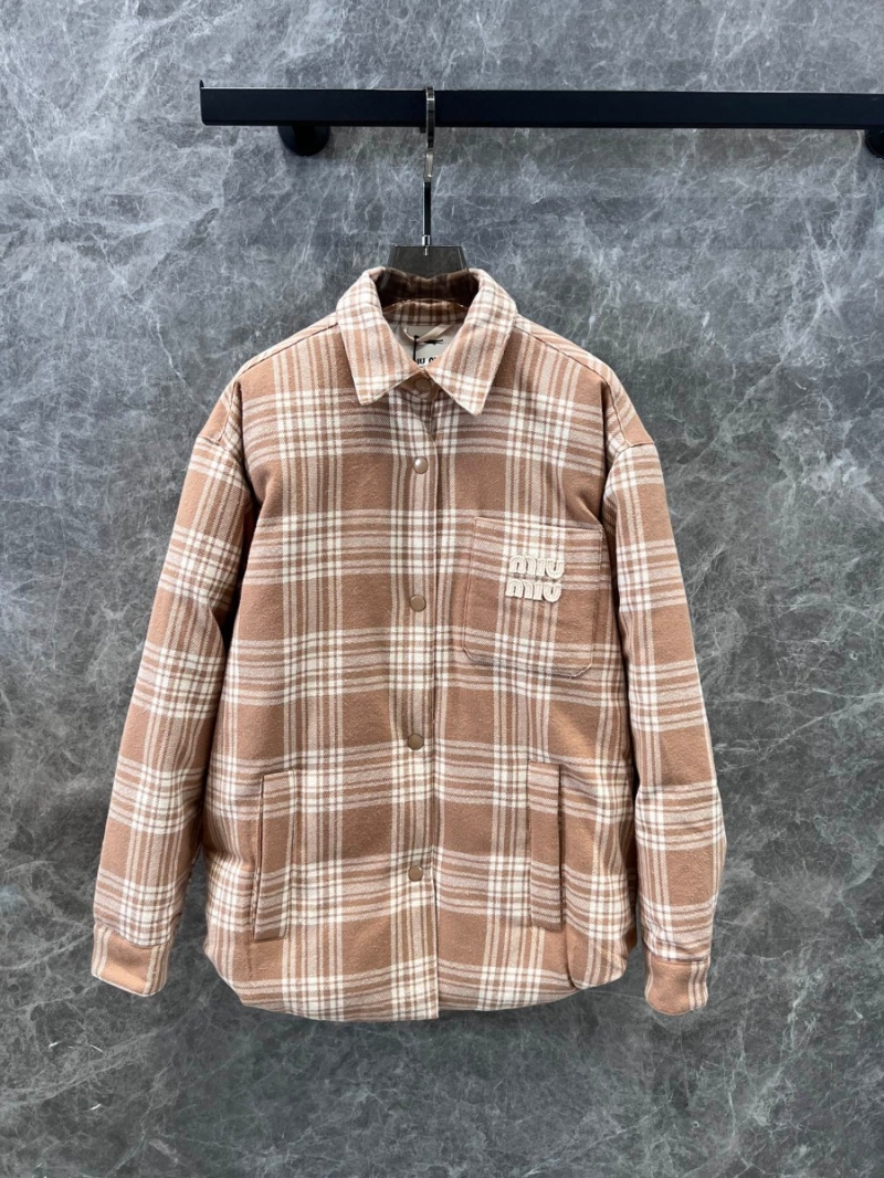 Miu Miu 24 FW Plaid Embroidered Pocket Down Jacket. Brown