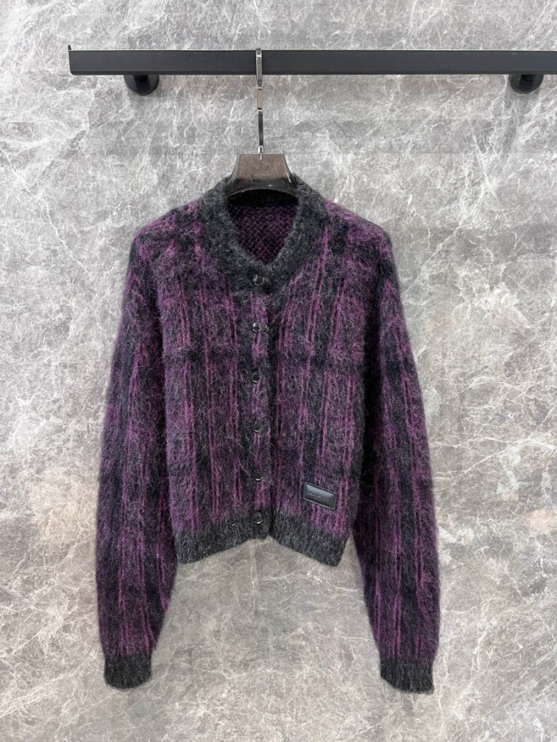 Alexander Wang 24 FW Jacquard Plaid Mohair Knit Cardigan. Purple with Black Plaid Accents
