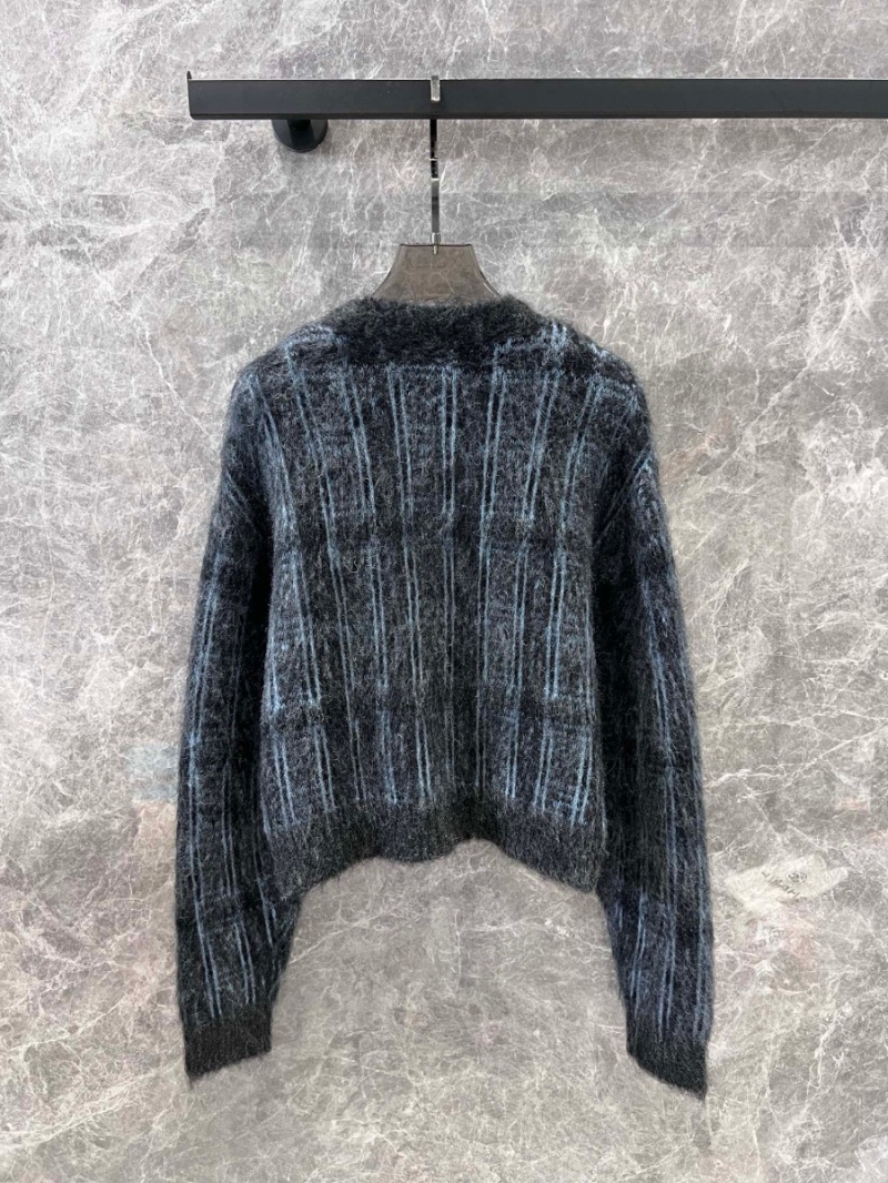 Alexander Wang 24 FW Jacquard Plaid Mohair Knit Cardigan. Black with Blue Plaid Accents