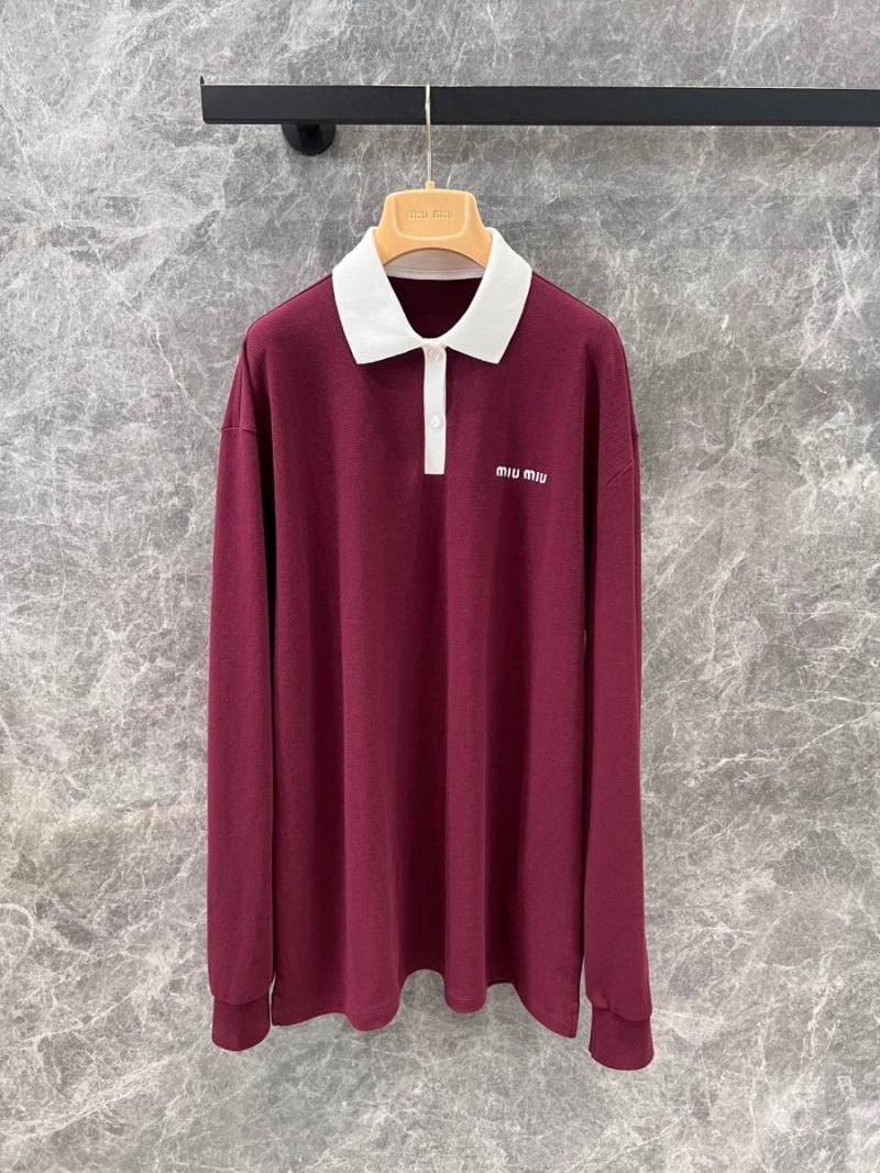 Miu Miu 24FW Contrast Collar Jacquard Logo Long-Sleeve Polo. Burgundy