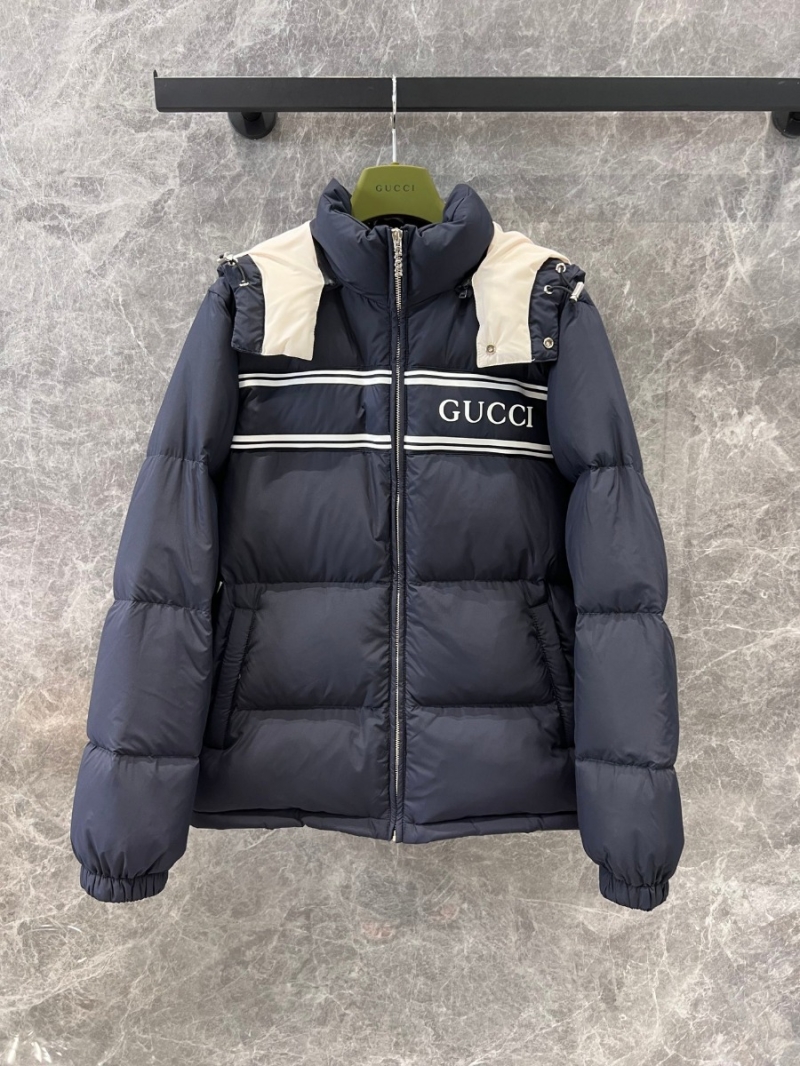 Gucci 24 FW Collection Stylish Hooded Down Jacket in Navy with White Stripes