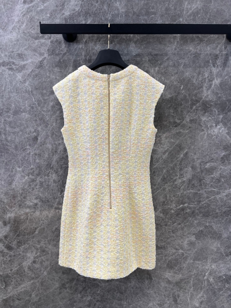 Balmain 24FW Fall/Winter Gold Button Sleeveless Tweed Dress - White/Gold