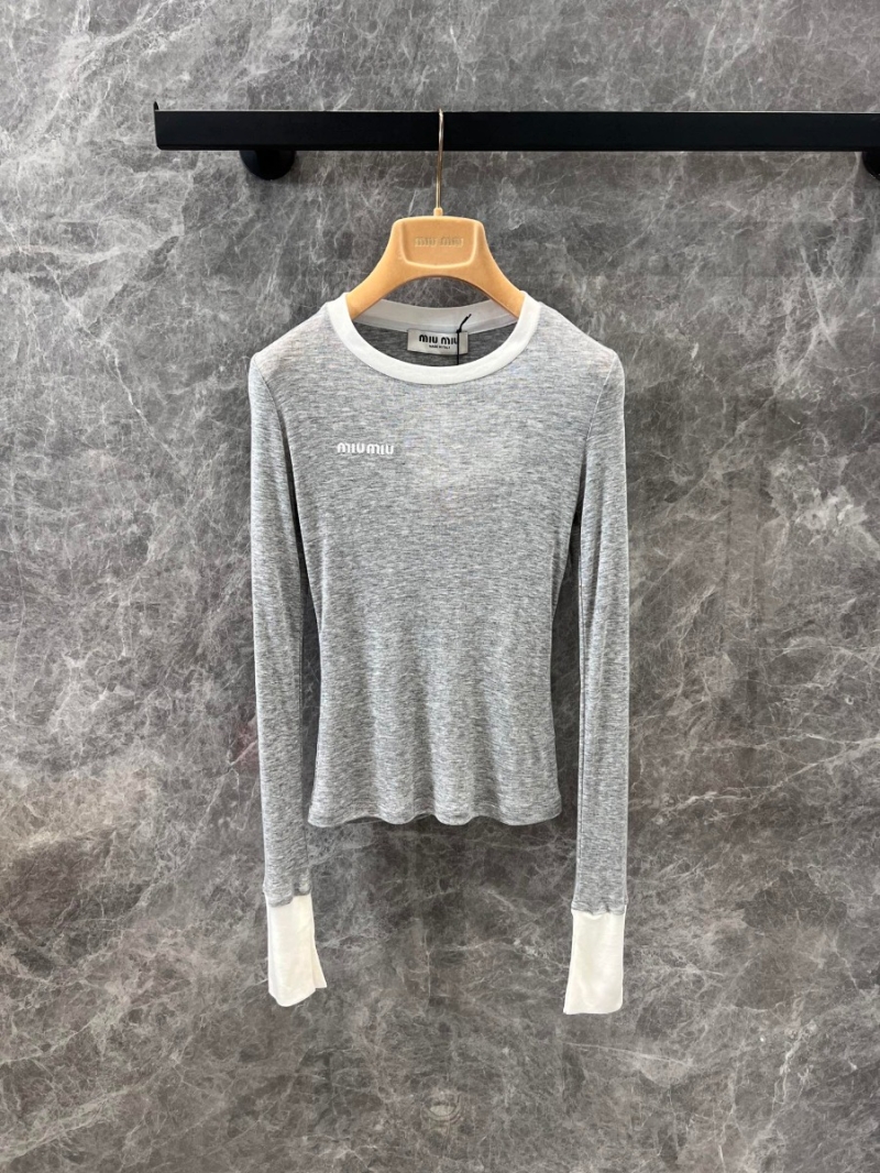 Miu Miu SS25 Contrast-Trim Letter Embroidery Long-Sleeve T-Shirt. Gray