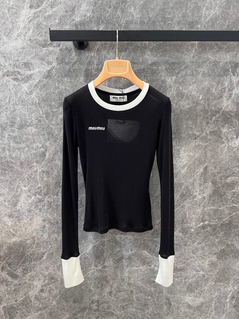 Miu Miu SS25 Contrast-Trim Letter Embroidery Long-Sleeve T-Shirt. Black