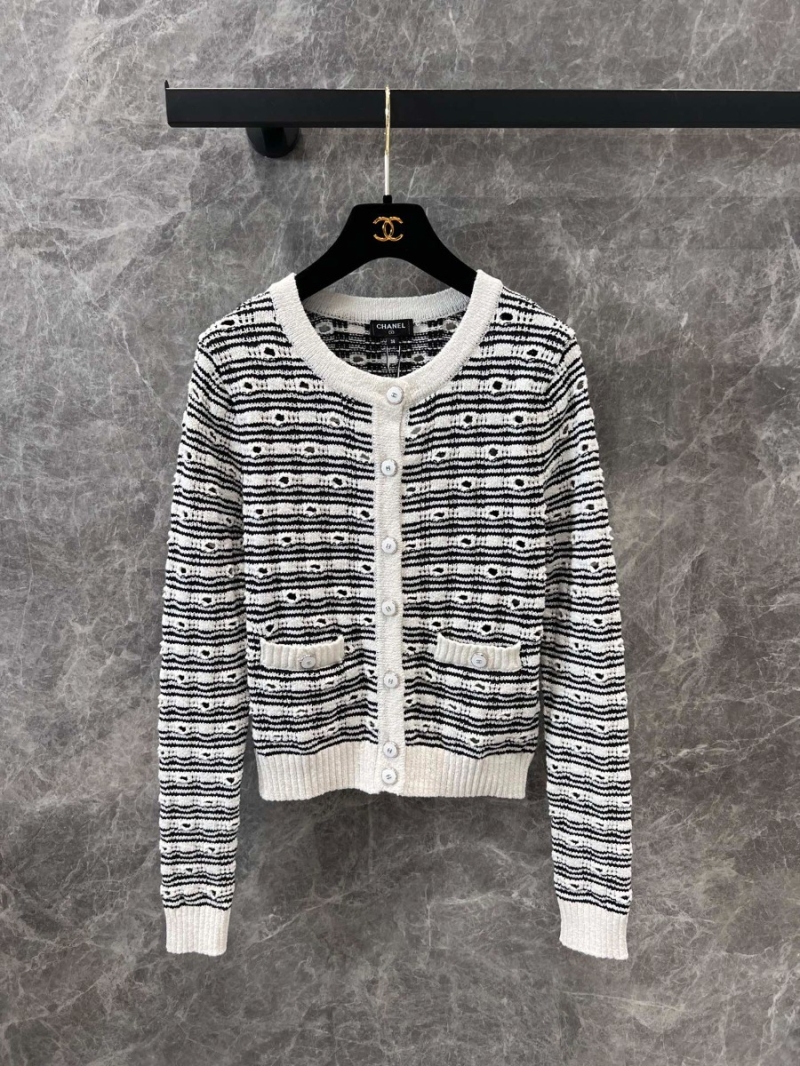 Chanel 25P Resort Exclusive Hollow Knit Striped Cardigan White