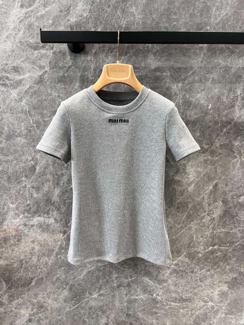 Miu Miu 25SS Spring/Summer Collection Grey Embroidered Crewneck Short-Sleeve T-Shirt
