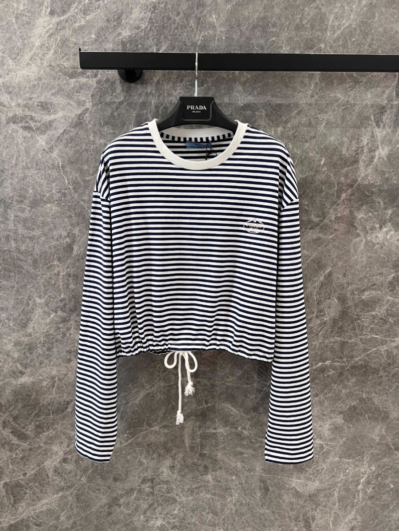 Prada 25SS Spring/Summer Modern Striped Embroidered Long-Sleeve T-Shirt in Navy/White
