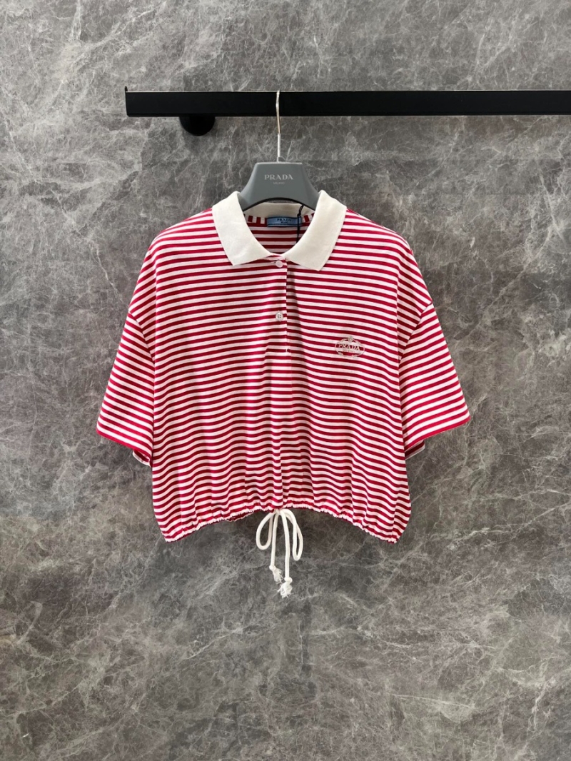 Prada 25Ss Spring/Summer Stylish Striped Polo Shirt in Red and White Stripes