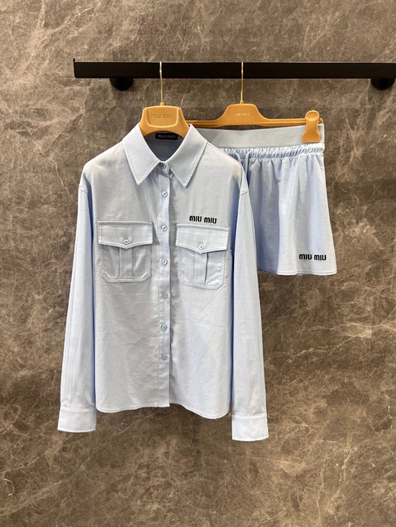 Miu Miu 25SS Spring/Summer Chic Logo-Embroidered Shirt and Skirt Set Light Blue