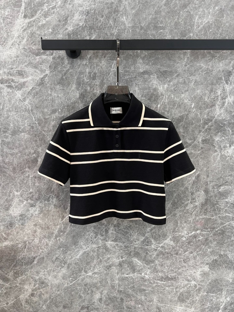 YSL Saint Laurent 25Ss Spring/Summer Striped Logo Polo Shirt Black-White