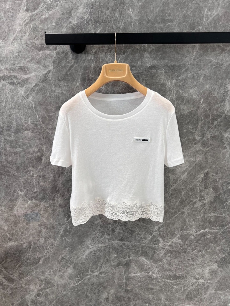 Miu Miu 25Ss Spring/Summer Lace-Trimmed Logo T-Shirt White