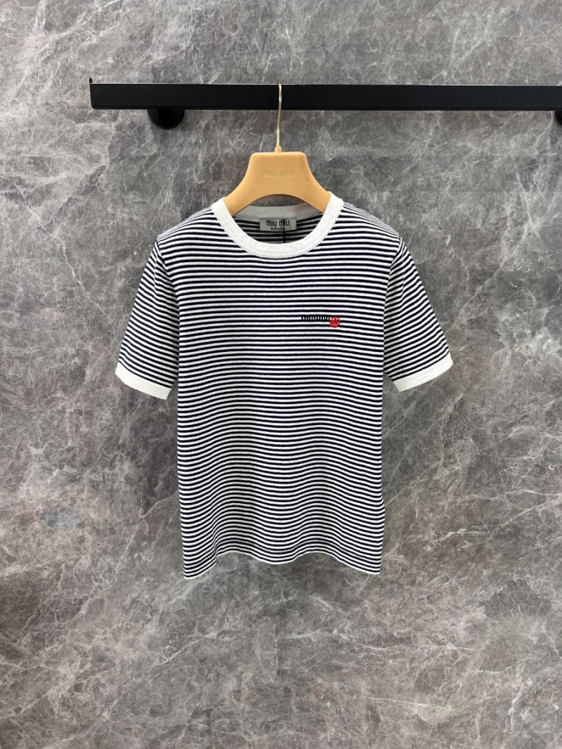 Miu Miu 25Ss Spring/Summer Stylish Striped T-Shirt Black & White