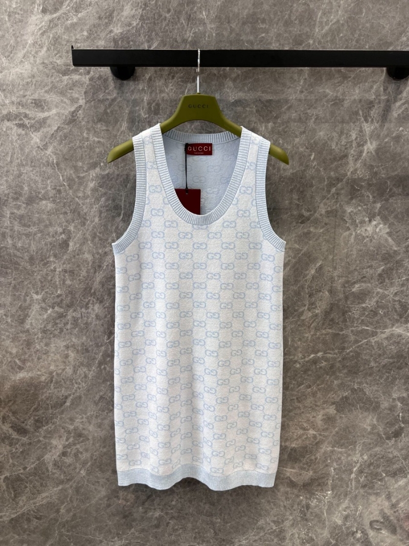 Gucci 25SS Spring/Summer Luxe Logo Sleeveless Knit Dress Light Blue
