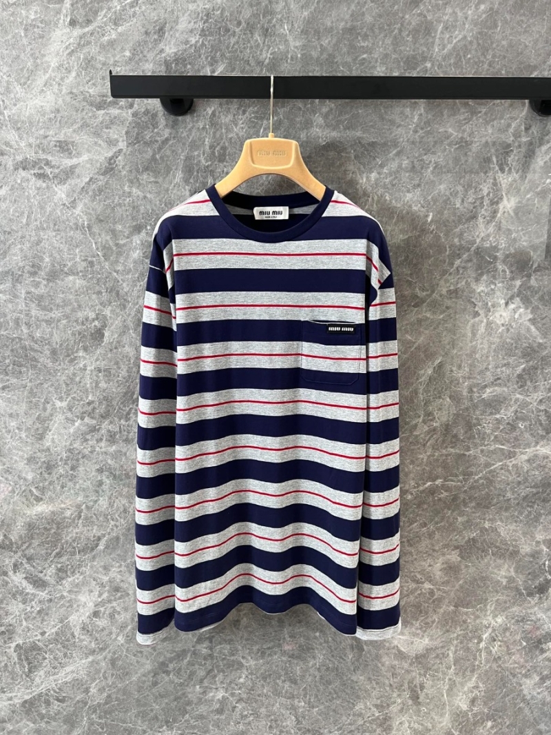 Miu Miu 25SS Spring/Summer Relaxed Striped Long-Sleeve T-Shirt Blue and Grey Stripes