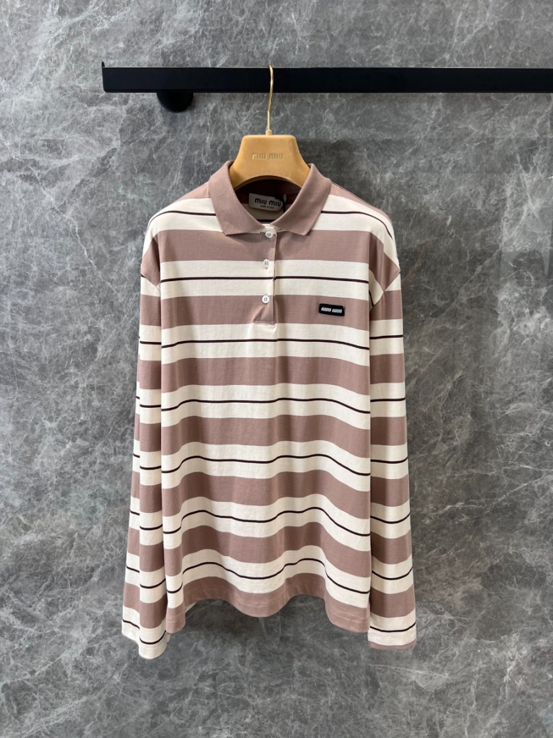Miu Miu 25SS Spring/Summer Stylish Striped Polo Shirt Beige with White & Brown Stripes