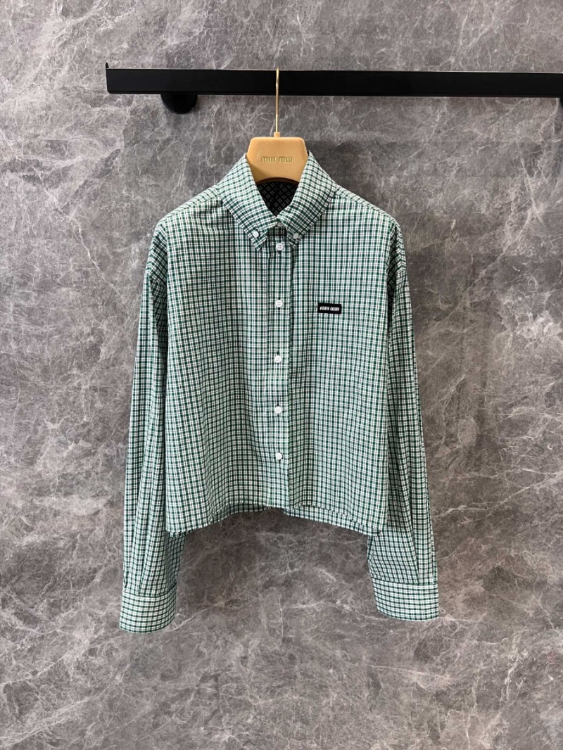 Miu Miu 25SS Spring/Summer Elegant Checkered Shirt Green with White checkered design