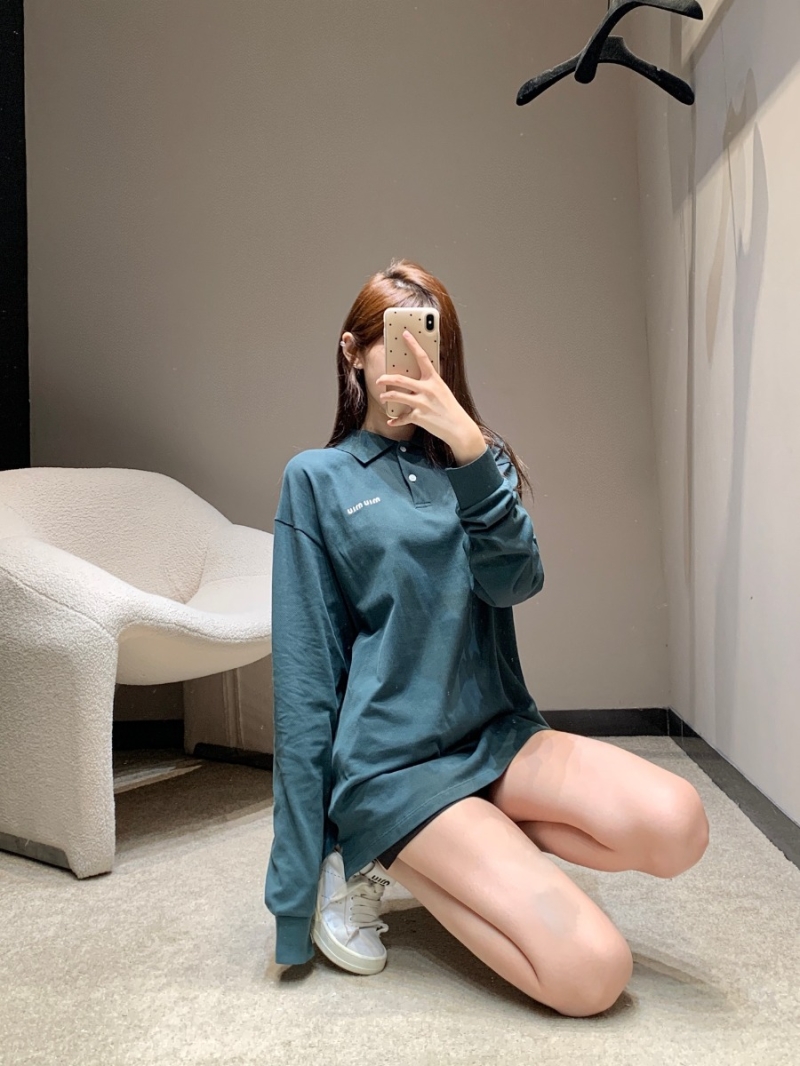 Miu Miu 25SS Spring/Summer Oversized Embroidered Polo Shirt Teal