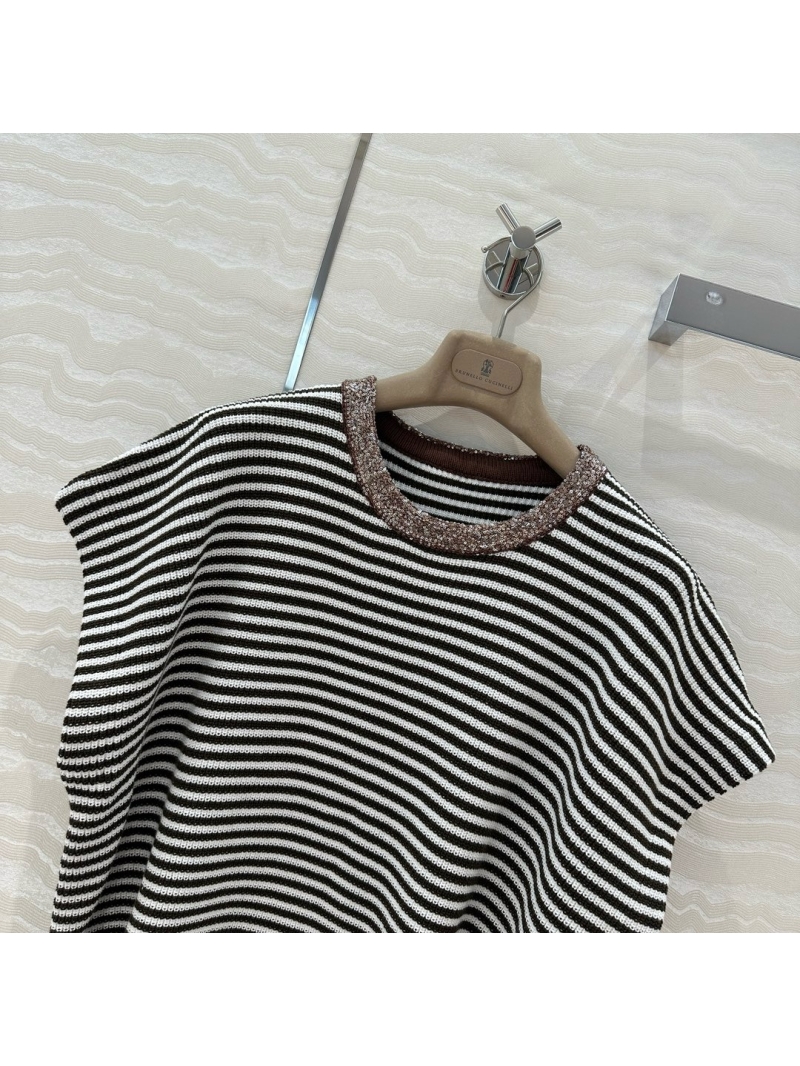 Brunello Cucinelli BC Striped Sequin-Collar Knit Top