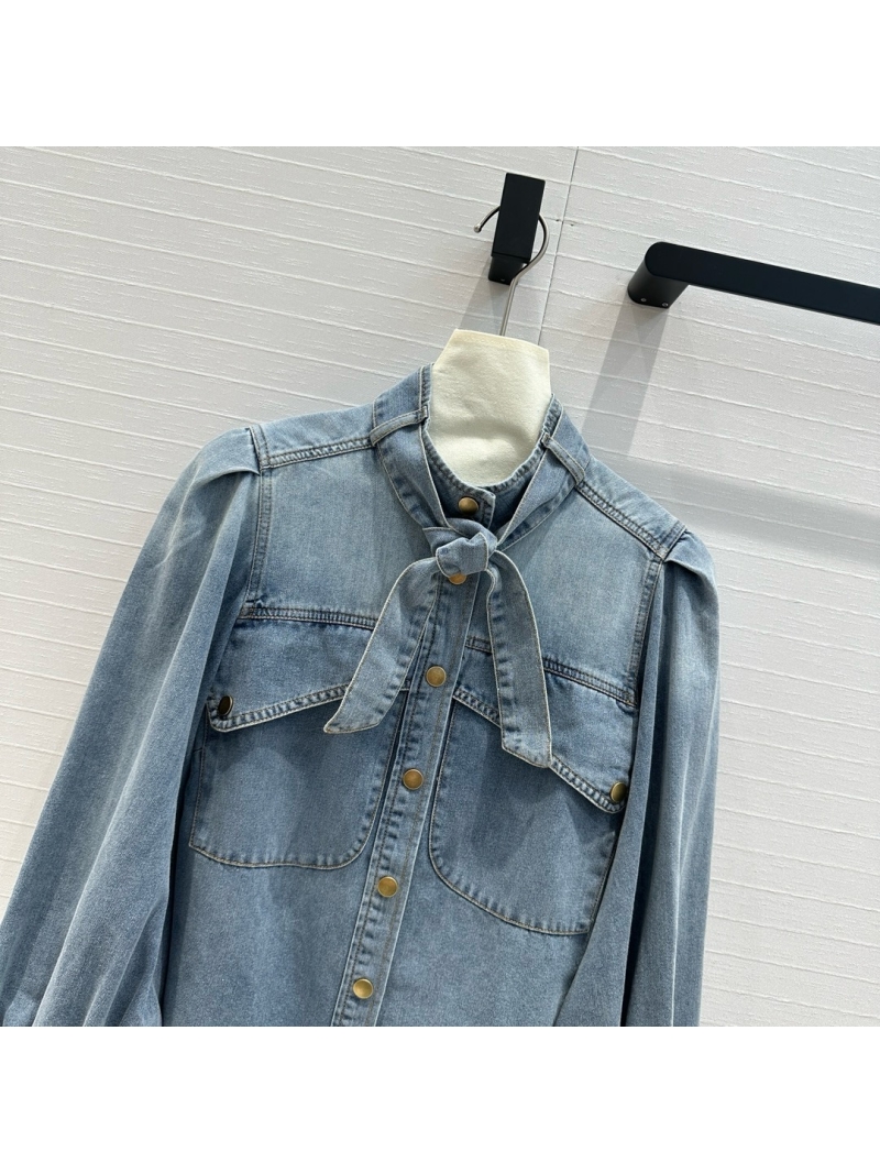 Zimmermann Resort Collection Tie-Neck Denim Pocket Shirt