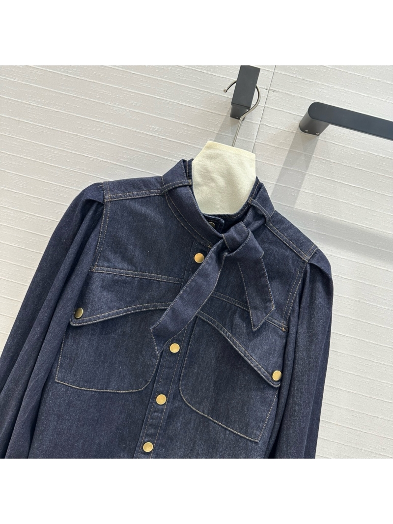 Zimmermann Resort Collection Tie-Neck Denim Pocket Shirt blue