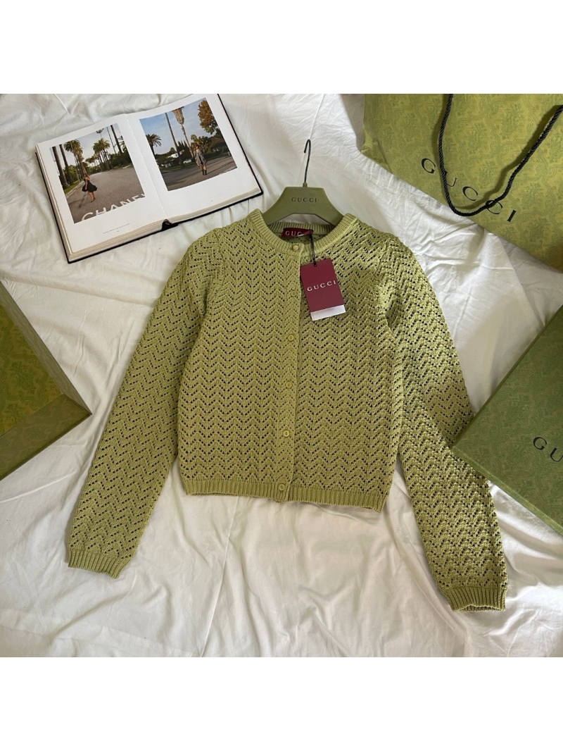 Gucci Spring 2025 Hollow Knit Cardigan – Elegant Lime Green