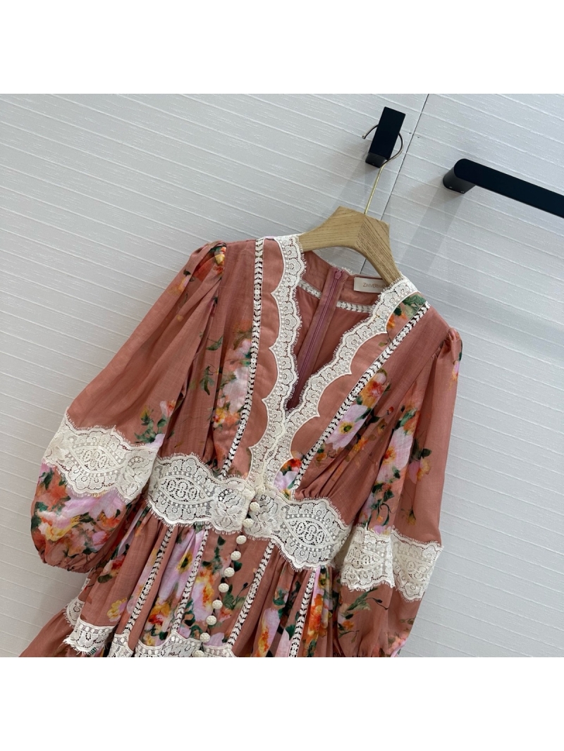 Zimmermann Pink Watercolor Floral Lace-Trimmed Linen Dress