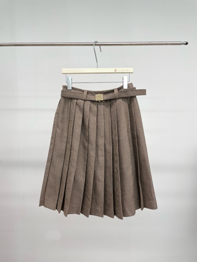 Miu Miu Autumn Collection Wool Belted Pleated Skirt – Brown