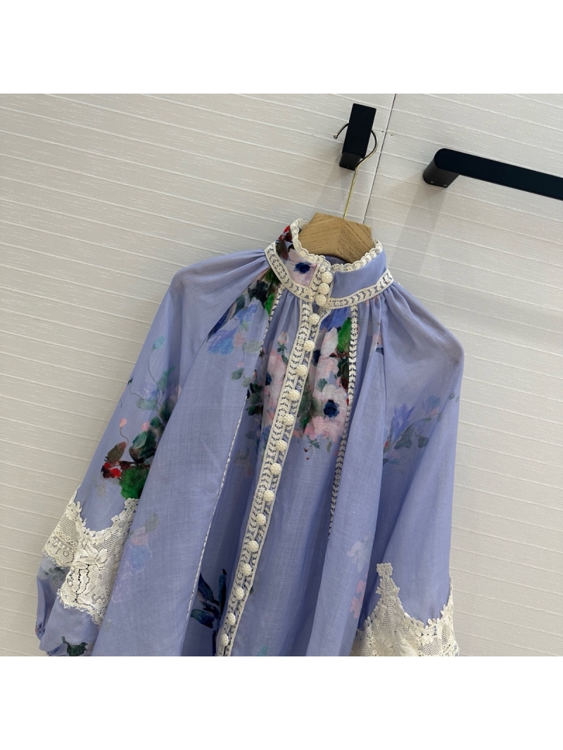 Zimmermann Light Blue Linen Lace-Trimmed High-Neck Blouse