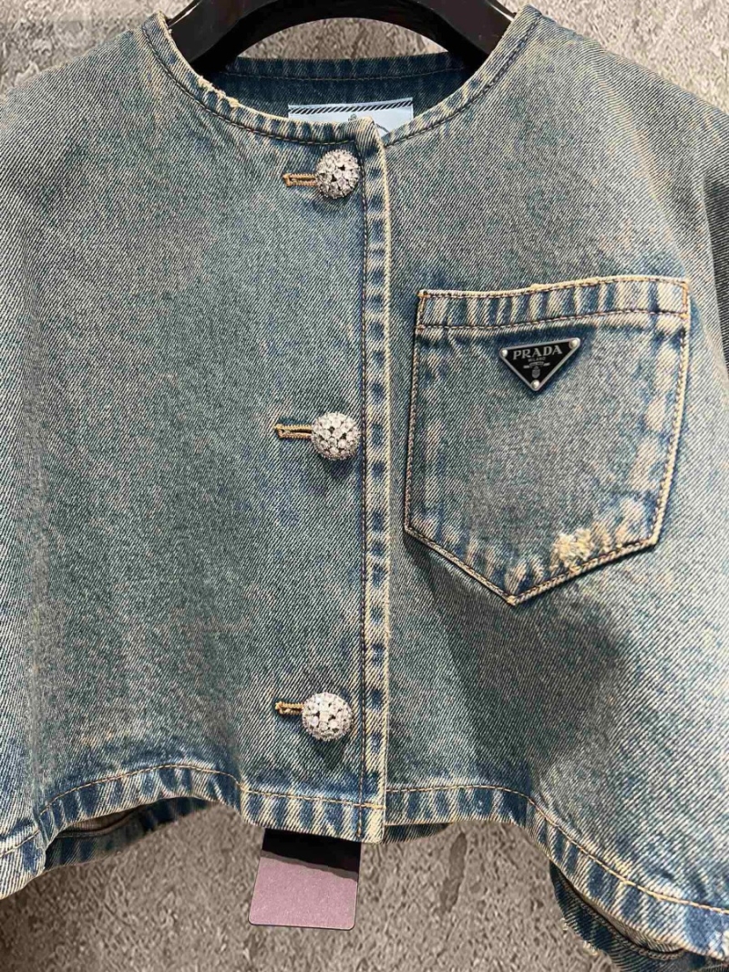Prada Spring Vintage Enzyme-Washed Denim Jacket with crystals buttons