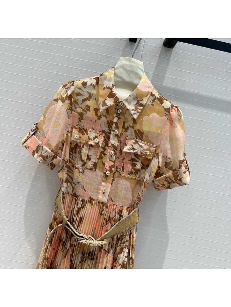 Zimmermann Spring/Summer Resort Collection Peach Floral Pleated Short Sleeve Dress