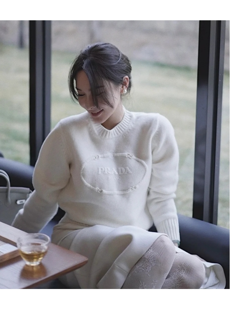 Prada New Collection Embossed Embroidery Wool Sweater in Cream