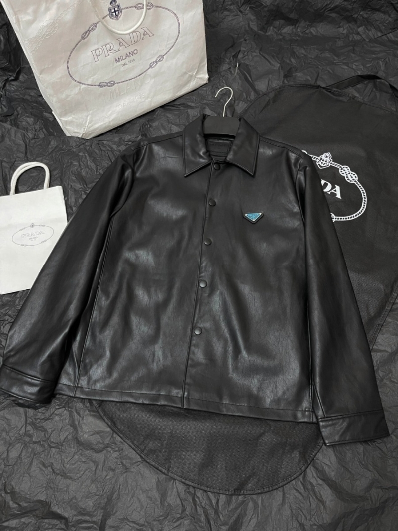 Prada Signature Black Leather Shirt Jacket - Exquisite Matte Finish with Blue Triangle Logo