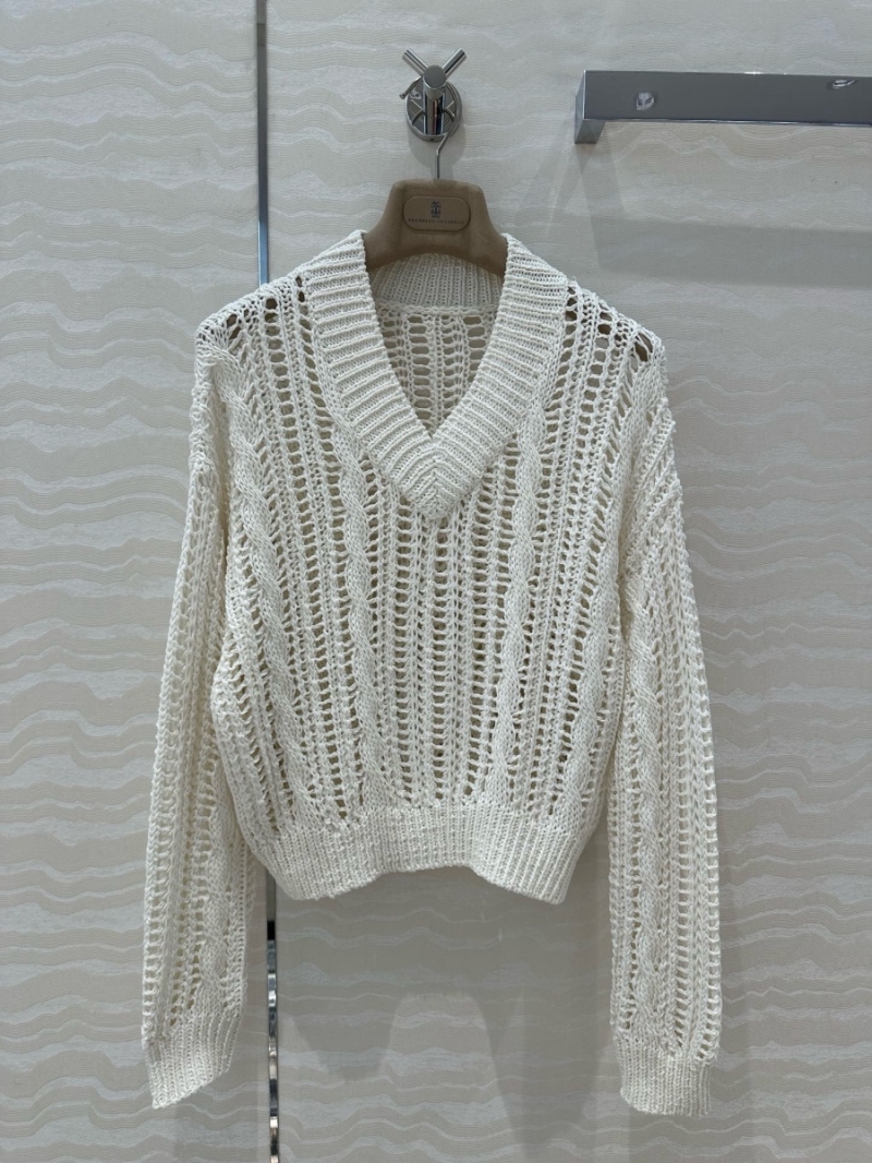 Brunello Cucinelli V-Neck Openwork Knit Sweater White