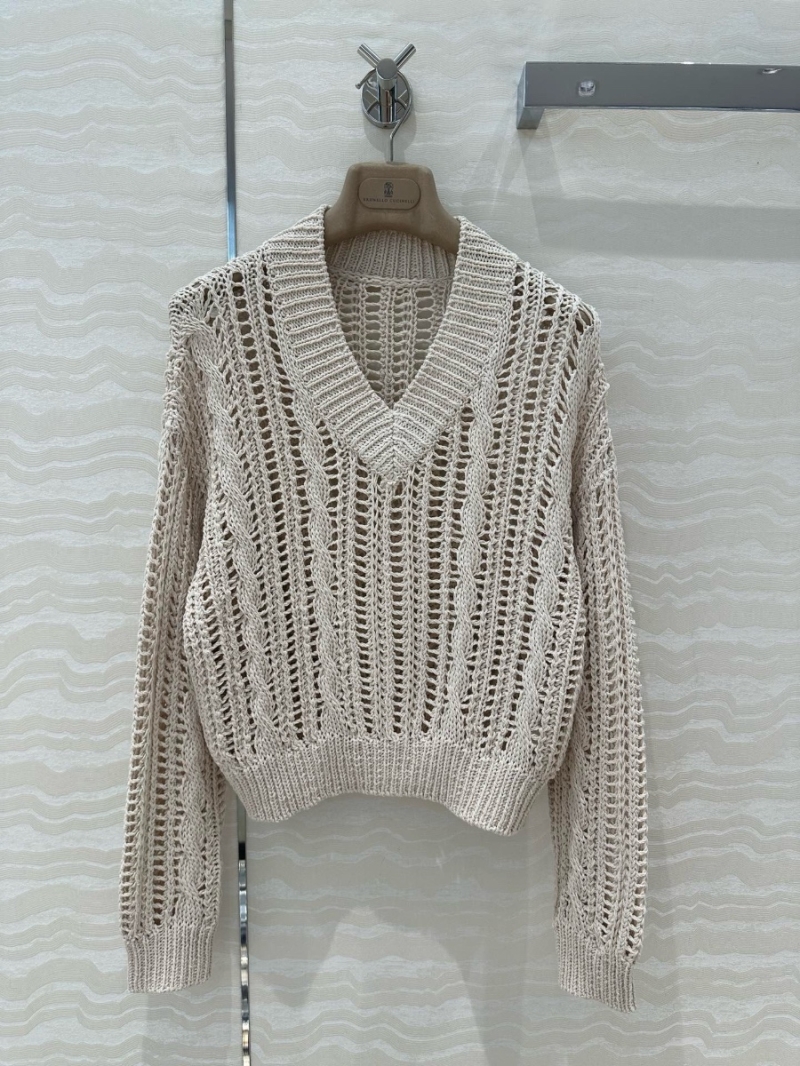 Brunello Cucinelli V-Neck Openwork Knit Sweater Beige