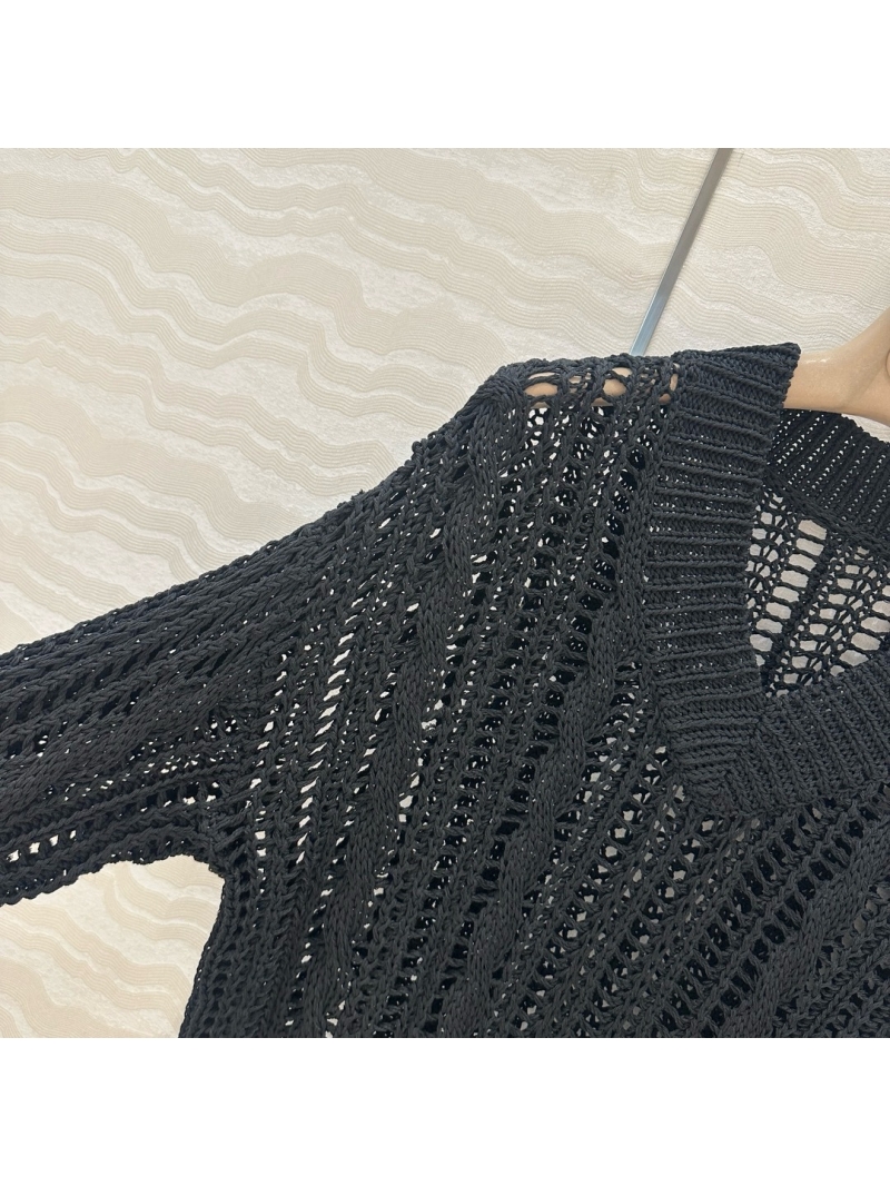 Brunello Cucinelli V-Neck Openwork Knit Sweater Black