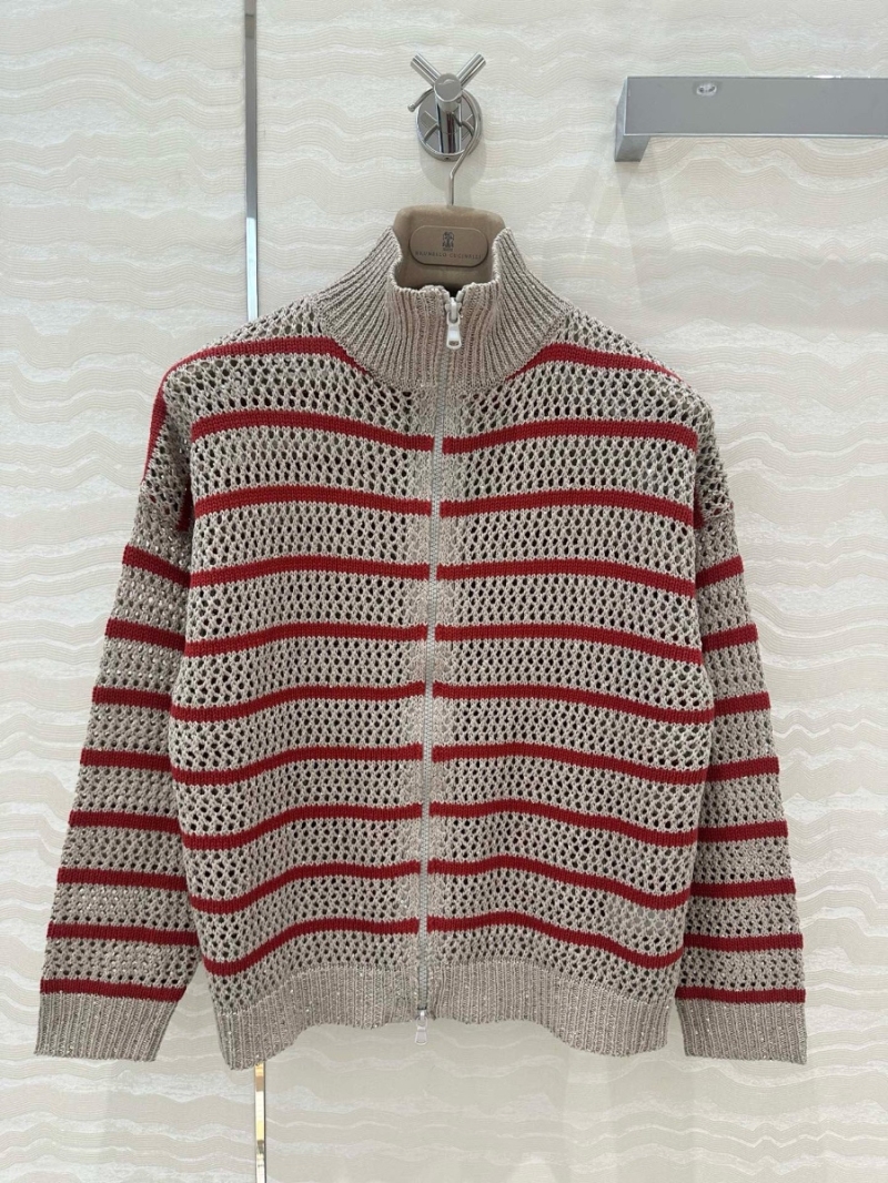 Brunello Cucinelli Striped Openwork Knit Sequin Yarn Jacket