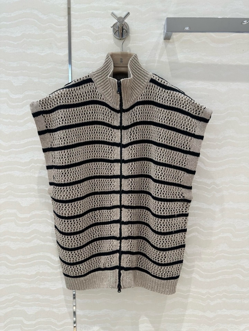 Brunello Cucinelli Italian Aesthetic Striped Openwork High-Neck Cardigan