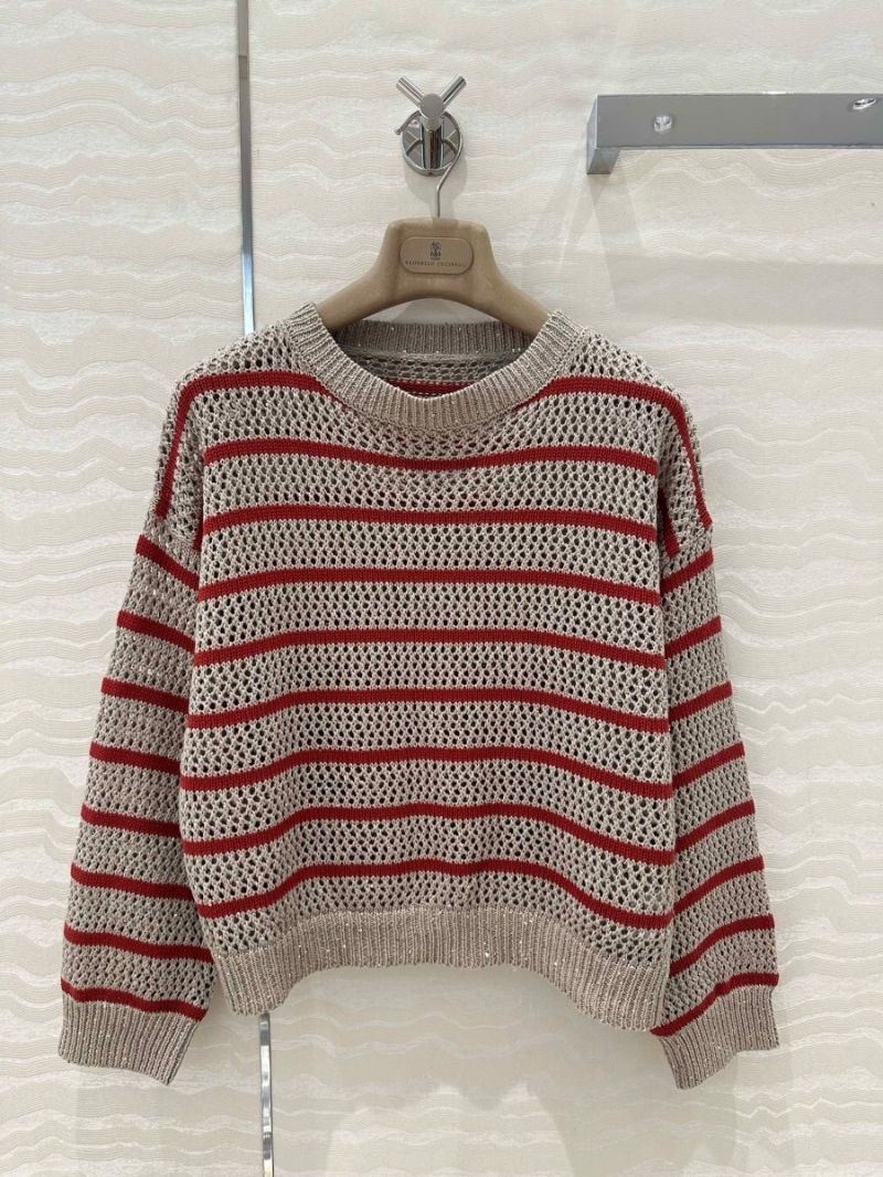 Brunello Cucinelli Italian Aesthetic Striped Openwork Knit Sequined Yarn Drop-Shoulder Sweater