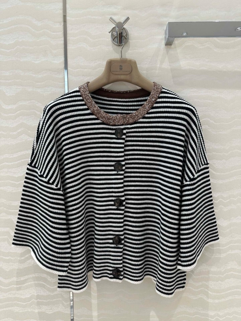 Brunello Cucinelli Italian Aesthetic Striped Sequin Collar Short-Sleeve Cardigan