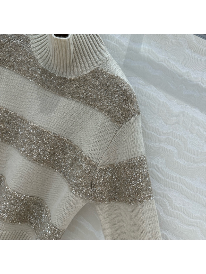 Brunello Cucinelli Sequin-Embellished Cashmere Knit Sweater Chai