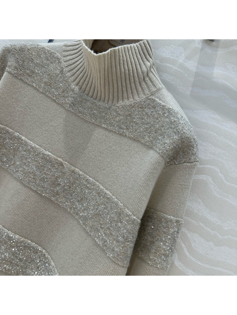 Brunello Cucinelli Sequin-Embellished Cashmere Knit Sweater Beige